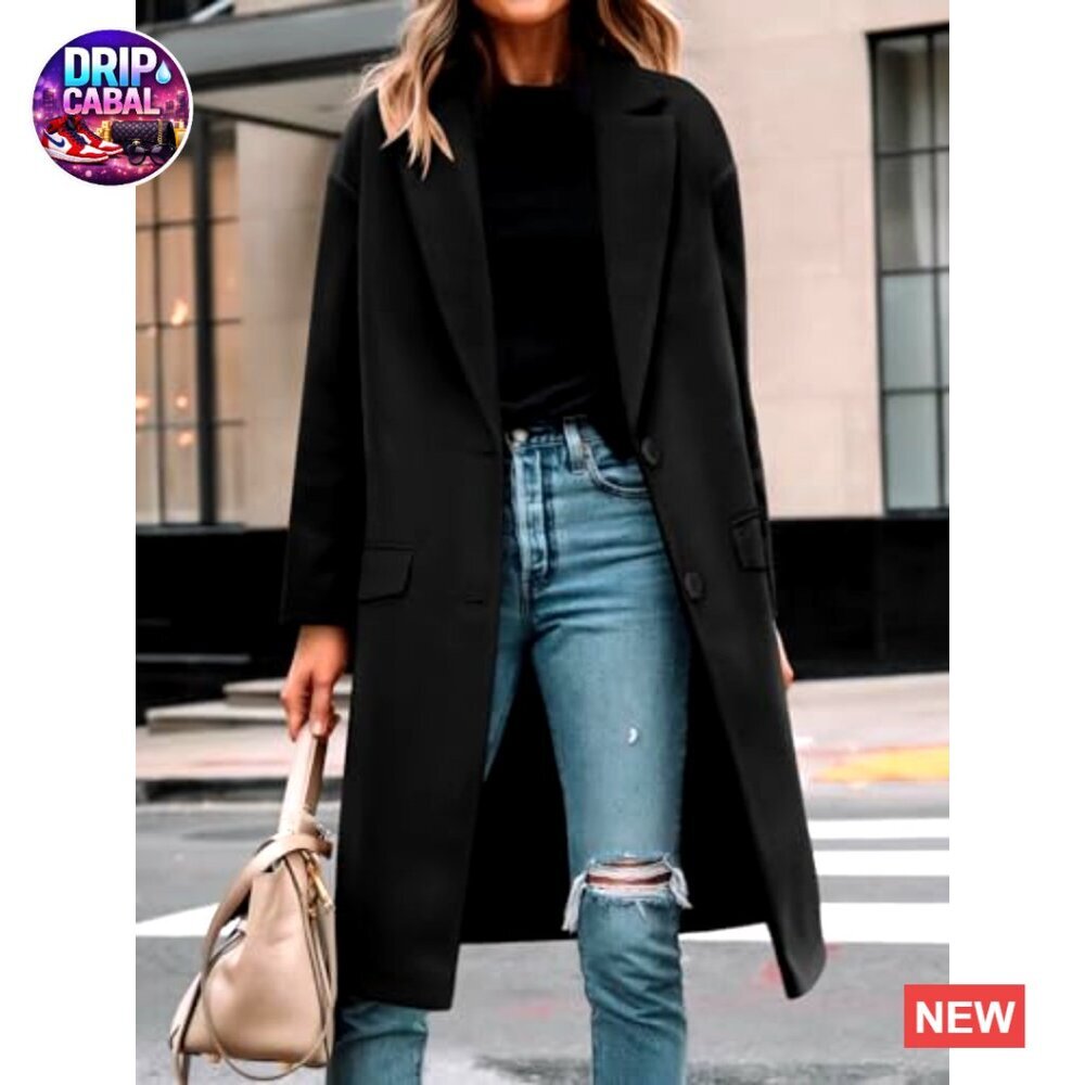 Classic Peacoat Notched Lapel Loose Fit Long Trench Coat Fall Winter Outerwear - Picture 2 of 7